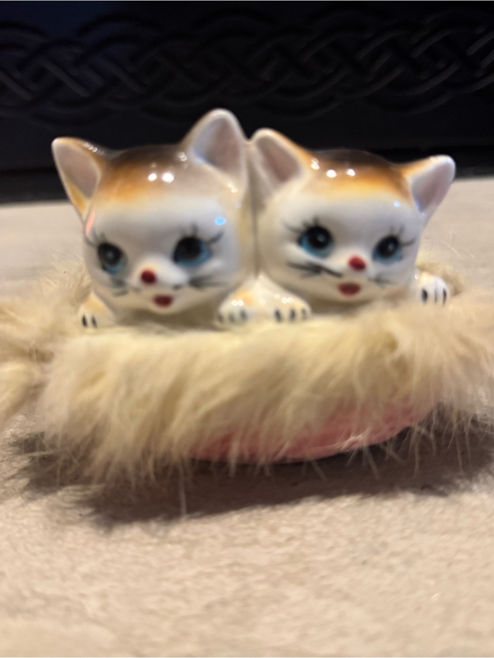 Vintage MCM Japan Ceramic Furry Kittens in a  Pink Basket